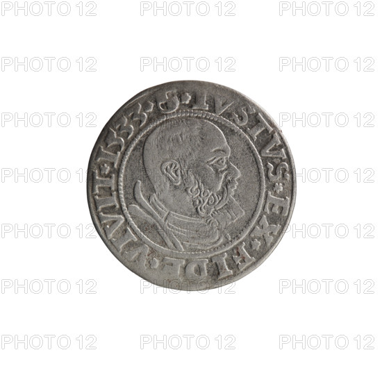 grosz; Straub (Strawb), Heinrich, publisher; Wille, Albrecht (fl. 1520-?), publisher; Decjusz, Jost Ludwik (fl. 1528-1535); Albrecht Hohenzollern (Prince of Prussia; 1490-1568) — iconography: eagles, Hohenzollern coat of arms, male busts in armour; obverse: Prussian Eagle with on its breast a crowned letter S; along the rim, between pearly borders, an inscription beginning with a rosette ALBER*D*G*MAR*BRAN*DVX*PRVS; reverse: male bust in armor, profile turned right, short hair, beard with sideburns; along the rim, between pearly borders, inscription beginning with the Hohenzollern coat of arms *IVSTVS*EX*FIDE*VIVIT*I533*; 1533; Ducal Prussia (1525–1701), Königsberg; coin: diameter 22.7 mm, weight 1.77 g, axis 315°