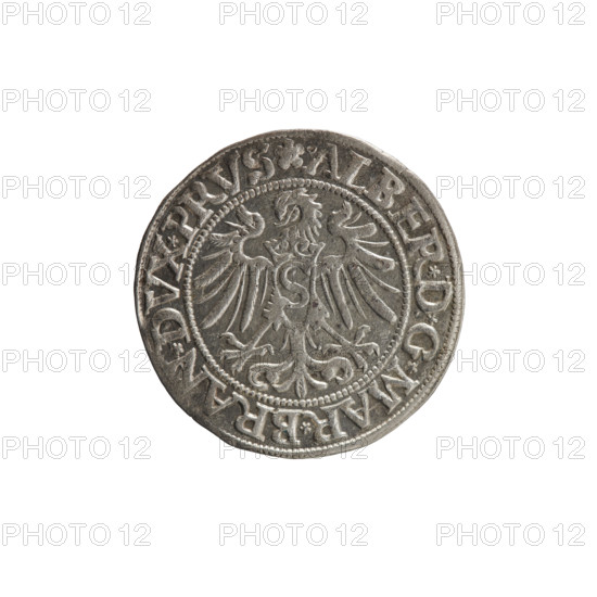 grosz; Straub (Strawb), Heinrich, publisher; Wille, Albrecht (fl. 1520-?), publisher; Decjusz, Jost Ludwik (fl. 1528-1535); Albrecht Hohenzollern (Prince of Prussia; 1490-1568) — iconography: eagles, Hohenzollern (coat of arms); male busts in armour; Aw. Prussian Eagle with crowned letter S on its breast. Along the rim, between the pearly borders, an inscription beginning with a rosette ALBER*D*G*MAR*BRAN*DVX*PRVS. Reverse: male bust in armor, profile turned to the right, short hair, beard with sideburns. Along the rim, between the pearly borders, an inscription beginning with the Hohenzollern coat of arms shield *IVSTVS*EX*FIDE*VIVIT*I534*. Date: 1534. Place: Ducal Prussia (1525–1701), Königsberg. Object: coin; diameter 22.8 mm; weight 1.91 g; axis 100 degrees.