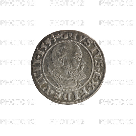 grosz; Straub (Strawb), Heinrich, publisher; Wille, Albrecht (fl. 1520-?), publisher; Decjusz, Jost Ludwik (fl. 1528-1535); Albrecht Hohenzollern (Prince of Prussia; 1490-1568) — iconography: eagles, Hohenzollern (coat of arms), male busts in armour. Obverse: Prussian eagle, on its breast a crowned letter S; along the rim, between pearly borders, an inscription beginning with a rosette ALBER*D*G*MAR*BRAN*DVX*PRVS. Reverse: male bust in armor, profile turned right, short hair, beard with sideburns; along the rim, between pearly borders, an inscription beginning with the Hohenzollern coat of arms shield *IVSTVS*EX*FIDE*VIVIT*I534*. Date: 1534. Place/issue: Ducal Prussia (1525–1701), Königsberg. Object: coin (grosz), diameter 22.8 mm, weight 1.91 g, axis 100°.
