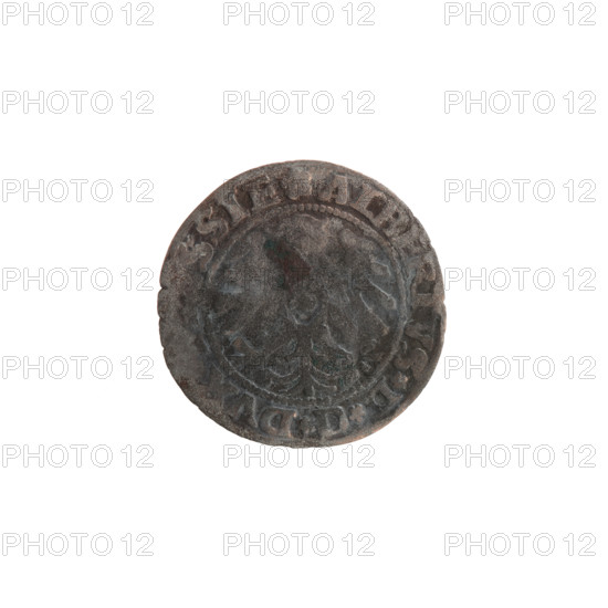 szelag; Straub (Strawb), Heinrich, publisher; Wille, Albrecht (fl. 1520-?), publisher; Decjusz, Jost Ludwik (fl. 1528-1535); eagles; rosettes; treasure from the village of Wsola (numism.); Hohenzollern (coat of arms); Albrecht Hohenzollern (prince of Prussia; 1490–1568). Obverse: Prussian eagle, on its breast a crowned letter S; on the rim between pearl borders an inscription beginning with a rosette: ALBERTVS*D*G*DVX, and letter A with the Hohenzollern coat of arms beneath; rosettes on both sides of the letter. Reverse: on the rim between pearl borders an inscription: SOLIDVS PR, IE I53I (rosettes between words). Date: 1531. Place: Königsberg, Ducal Prussia (1525–1701). Object: coin (szelag). Diameter: 19.0 mm. Weight: 0.79 g. Axis: 250°.