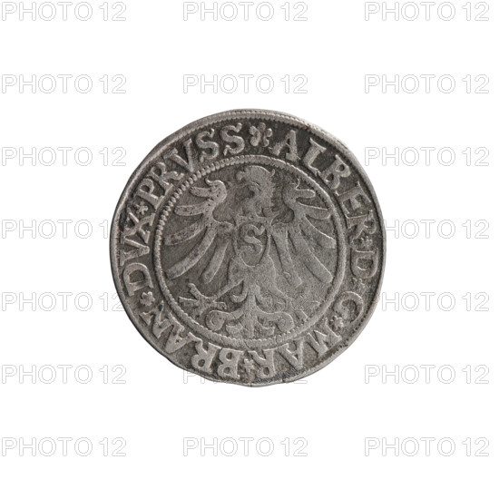 grosz; Straub (Strawb), Heinrich, publisher; Wille, Albrecht (fl. 1520-?), publisher; Decjusz, Jost Ludwik (fl. 1528-1535). Albrecht Hohenzollern (Prince of Prussia; 1490–1568) — iconography: eagles; Hohenzollern coat of arms; male busts in armour. Obverse: Prussian eagle, on its breast a crowned letter S; along the rim between pearly borders an inscription beginning with a rosette ALBER*D*G*MAR*BRAN*DVX*PRVSS. Reverse: male bust in armor, profile turned to the right, short hair, beard with sideburns; along the rim between pearly borders an inscription beginning with the Hohenzollern coat of arms *IVSTVS*EX*FIDE*VIVIT*I53Z*. 1532. Ducal Prussia (1525–1701), Königsberg. Coin: diameter 22.8 mm, weight 1.96 g, axis 320°.