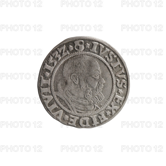 Albrecht Hohenzollern (Prince of Prussia; 1490–1568) — iconography: eagles, Hohenzollern coat of arms; male busts in armour. Obverse: Prussian eagle, on its breast a crowned letter S; along the rim between pearly borders, inscription beginning with a rosette ALBER*D*G*MAR*BRAN*DVX*PRVSS. Reverse: male bust in armour, profile right, short hair, beard with sideburns; along the rim between pearly borders, inscription beginning with the Hohenzollern coat of arms *IVSTVS*EX*FIDE*VIVIT*I53Z*. Dated 1532. Ducal Prussia (1525–1701), Königsberg. Coin: diameter 22.8 mm, weight 1.96 g, axis 320°. Publishers: Grosz; Straub (Strawb), Heinrich; Wille, Albrecht (fl. 1520–?); Decjusz, Jost Ludwik (fl. 1528–1535).