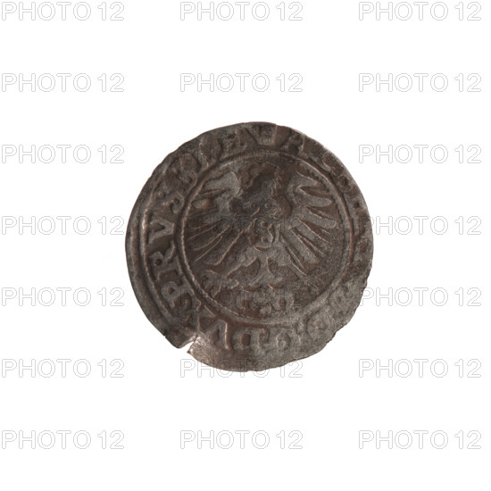 szelag, Lentz, Gerhard, Lauterbach, Casper, publisher, R1 (rarity), hoard from the village of Wsola (numism), Hohenzollern (coat of arms), eagles, rosettes, Albrecht Hohenzollern (Prince of Prussia; 1490–1568), Aw. Prussian eagle, on his chest the crowned letter S. On the rim, between the pearl borders, an inscription beginning with a tower - the mint master's mark. Between the words, one dot A, DVX PRVSSIE Rw. Letter A, under which the heraldic shield of the Hohenzollern family. One rosette on both sides of the letter. On the rim, between the pearl borders, an inscription beginning with a rosette. One rosette between the words SOLIDVS PRV, 1560, Königsberg, Ducal Prussia (1525–1701), coin: diameter 20.2 mm, weight 0.87 g, axis 315 degrees.
