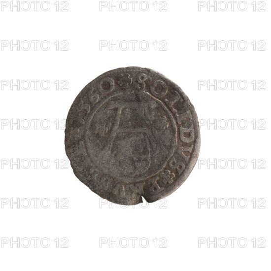 szelag issued by Lentz, Gerhard; Lauterbach, Casper (publishers). Rarity: R1. Hoard from the village of Wsola (numism). Hohenzollern coat of arms; eagles; rosettes. Albrecht Hohenzollern (Prince of Prussia; 1490–1568). Obverse: Prussian eagle with crowned letter S on its chest; on the rim between pearl borders an inscription beginning with a tower — the mint master's mark; between words a dot and the letter A, under which is the Hohenzollern heraldic shield; one rosette on both sides of the letter. Reverse: on the rim between the pearl borders an inscription beginning with a rosette; one rosette between the words SOLIDVS PRV. Legend: A, DVX PRVSSIE; date 1560; mint: Königsberg, Ducal Prussia (1525–1701). Coin: diameter 20.2 mm, weight 0.87 g, axis 315°.