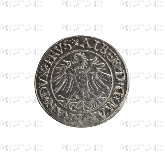 grosz, Decius, Jost Ludwik (fl. 1528–1535), Albert Hohenzollern (Prince of Prussia; 1490–1568) — iconography: eagles, Hohenzollern coat of arms, male bust in armor. Obverse: Prussian eagle with crowned letter S on its chest; in the rim between pearl borders an inscription beginning with a rosette in the shape of a cornflower ALBER*D*G*MA,RAN*DVX*PRVS. Reverse: male bust in armor in profile facing right, short hair, beard with sideburns; in the rim between the pearl borders an inscription beginning with the Hohenzollern coat of arms *IVSTVS*EX*FIDE*VIV. 1535, Ducal Prussia (1525–1701), Königsberg. Coin: diameter 23.6 mm, weight 2.00 g, axis 250°.