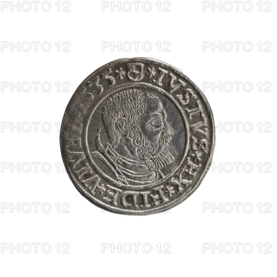 grosz, Decius, Jost Ludwik (fl. 1528-1535), Albert Hohenzollern (Prince of Prussia; 1490-1568) - iconography, eagles, Hohenzollern (coat of arms), male busts in armor. Obverse: Prussian eagle, on its chest a crowned letter S. In the rim between the pearl borders an inscription beginning with a rosette in the shape of a cornflower ALBER*D*G*MA,RAN*DVX*PRVS. Reverse: Male bust in armor in profile turned to the right, short hair, beard with sideburns. In the rim, between the pearl borders, an inscription beginning with the Hohenzollern coat of arms *IVSTVS*EX*FIDE*VIV, 35*, 1535. Ducal Prussia (1525-1701), Königsberg; coin: diameter 23.6 mm, weight 2.00 g, axis 250 degrees.