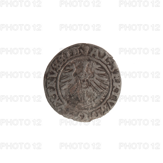szelag, Nimptsch (Nimsch), Wolf, R1 (rarity); Hohenzollern (coat of arms), eagles, rosettes; Albrecht Hohenzollern (Prince of Prussia; 1490–1568). Obverse: Prussian eagle with crowned letter S on its chest; on the rim between pearl borders an inscription beginning with a tower — the mint master's mark; between the words one dot; legend fragment: ALBERTVS DG, X PRVSSIE. Reverse: letter A with Hohenzollern family coat of arms below; one rosette on each side of the letter; in the rim between the pearl borders an inscription beginning with a rosette and one rosette between the words: SOLIDVS PRVSSIE 1557. Date: 1557. Mint: Königsberg, Ducal Prussia (1525–1701). Coin: diameter 19.2 mm, weight 0.81 g, axis 315°.