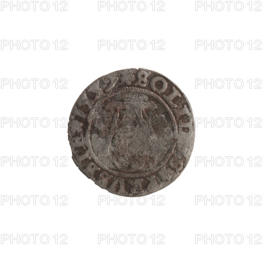 szelag, Nimptsch (Nimsch), Wolf, R1 (rarity), Hohenzollern (coat of arms), eagles, treasure from the village of Wsola (numismatic find), rosettes, Albrecht Hohenzollern (Prince of Prussia; 1490–1568). Obverse: Prussian eagle, on its chest the crowned letter S; on the rim between pearl borders an inscription beginning with a tower — the mint master's mark; between the words one dot: ALBERTVS DG, X PRVSSIE. Reverse: the letter A with the Hohenzollern family coat of arms below it, one rosette on both sides of the letter; in the rim between pearl borders an inscription beginning with a rosette, one rosette between the words: SOLIDVS PRVSSIE. Date: 1557. Mint: Königsberg, Ducal Prussia (1525–1701). Coin: diameter 19.2 mm, weight 0.81 g, axis 315°.