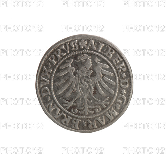 Aw. Prussian eagle on its breast a crowned letter S. Along the rim, between pearly borders, an inscription beginning with a rosette ALBER*D*G*MAR*BRAN*DVX*PRVS. Rw. Male bust in armor, profile right, short hair, beard with sideburns. Along the rim, between pearly borders, an inscription beginning with the Hohenzollern coat of arms *IVSTVS*EX*FIDE*VIVIT*I53I*. 1531. Königsberg, Ducal Prussia (1525–1701). Coin; diameter 23.2 mm, weight 1.91 g, axis 130°. Makers/publishers: Heinrich Grosz (Straub/Strawb), Albrecht Wille (fl. 1520–?), Jost Ludwik Decjusz (fl. 1528–1535). Iconography: Albrecht Hohenzollern (Prince of Prussia; 1490–1568) — eagles, Hohenzollern coat of arms, male busts in armour. Rarity: R1. Hoard from the village of Wsola (numismatic).