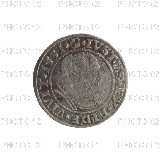 Albrecht Hohenzollern (Prince of Prussia; 1490–1568) — iconography; Hohenzollern coat of arms. Coin, 1531, Königsberg, Ducal Prussia (1525–1701). Obverse: Prussian eagle; on its breast a crowned letter S. Along the rim, between pearly borders, an inscription beginning with a rosette: ALBER*D*G*MAR*BRAN*DVX*PRVS. Reverse: male bust in armour, profile right, short hair, beard with sideburns; along the rim, between pearly borders, inscription beginning with the Hohenzollern coat of arms: *IVSTVS*EX*FIDE*VIVIT*I53I*. Coin diameter 23.2 mm, weight 1.91 g, axis 130°. Publishers: Grosz; Straub (Strawb), Heinrich; Wille, Albrecht (fl. 1520–?); Decjusz, Jost Ludwik (fl. 1528–1535). Rarity: R1. Hoard from the village of Wsola (numism.). Aw. Prussian Eagle.