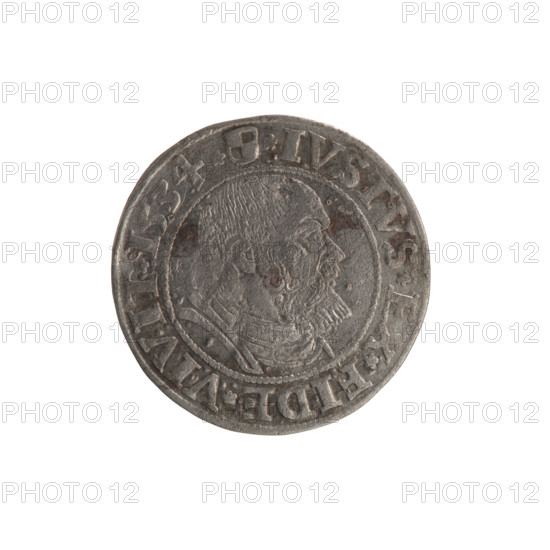 Albrecht Hohenzollern (Prince of Prussia; 1490–1568) — coin, 1534. Obverse: Prussian eagle; on its breast a crowned letter S; along the rim between pearly borders an inscription beginning with a rosette ALBER*D, G*MAR*BRAN*DVX*PRVS. Reverse: male bust in armor, profile right, short hair, beard with sideburns; along the rim between pearly borders an inscription beginning with the Hohenzollern coat of arms *IVSTVS*EX*FIDE*VIVIT, I534. Hoard find from the village of Wsola (numismatic). Iconography: eagles, Hohenzollern coat of arms, rosettes, male busts in armour; maker/publishers: Grosz, Straub (Strawb), Heinrich; Wille, Albrecht (fl. 1520–?); Decjusz, Jost Ludwik (fl. 1528–1535). Königsberg, Ducal Prussia (1525–1701). Coin: diameter 23.0 mm, weight 1.80 g, axis 150°.