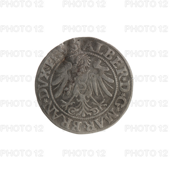 grosz; Straub (Strawb), Heinrich, publisher; Wille, Albrecht (fl. 1520-?), publisher; Decjusz, Jost Ludwik (fl. 1528-1535). Albrecht Hohenzollern (Prince of Prussia; 1490–1568) — iconography: eagles, Hohenzollern coat of arms, rosettes. Hoard from the village of Wsola (numism). Male busts in armour. Aw. Prussian Eagle, on its breast the crowned letter S. Along the rim, between the pearly borders, an inscription beginning with a rosette: ALBER*D*G*MAR*BRAN*DVX, PRVS Rw. Male bust in armor, profile turned to the right, short hair, beard with sideburns. Along the rim, between the pearly borders, an inscription beginning with the Hohenzollern coat of arms: *IVSTV, X*FIDE*VIVIT*I534*. Date: 1534. Place: Königsberg, Ducal Prussia (1525–1701). Coin: diameter 22.7 mm, weight 1.72 g, axis 290°.