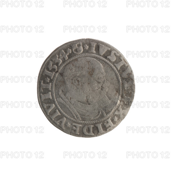 Albrecht Hohenzollern (Prince of Prussia; 1490–1568) — coin, 1534, Königsberg, Ducal Prussia (1525–1701). Obverse: Aw. Prussian eagle with on its breast the crowned letter S; along the rim between pearly borders an inscription beginning with a rosette, 'ALBER*D*G*MAR*BRAN*DVX, PRVS Rw.' Reverse: male bust in armour, profile turned right, short hair, beard with sideburns; along the rim between pearly borders an inscription beginning with the Hohenzollern coat of arms, '*IVSTV, X*FIDE*VIVIT*I534*'. Hoard from the village of Wsola (numism). Diameter 22.7 mm; weight 1.72 g; axis 290°. Makers/publishers noted: Grosz; Straub (Strawb), Heinrich; Wille, Albrecht (fl. 1520–?); Decjusz, Jost Ludwik (fl. 1528–1535). Iconography: eagles, Hohenzollern coat of arms, rosettes, male busts in armour.