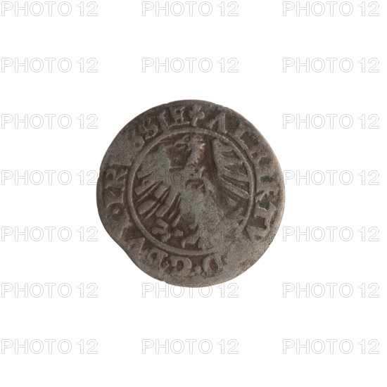 szelag by Hans Nimptsch (Nimsch); rarity R. Obverse: Prussian eagle with crowned letter S on its chest; rim inscription beginning with a trefoil: ALBERTV D*G*DVX*PRVSSIE. Reverse: Letter A above the Hohenzollern heraldic shield, flanked by rosettes; rim inscription with rosettes: SOLIDVS PRVSSIE 1550. Design elements: eagles, Hohenzollern coat of arms, trefoils/rosettes. Date: 1550; place: Königsberg, Ducal Prussia (1525–1701). Coin (szelag): diameter 19.2 mm, weight 0.84 g, axis 225°.