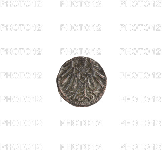 Denarius, Straub (Strawb), Heinrich, publisher; Wille, Albrecht (fl. 1520-?), publisher; Decius, Jost Ludwik (fl. 1528-1535); R3 (rarity). Obverse: In the beaded border the letter A, below which the heraldic shield of the Hohenzollerns; on both sides of the letter and above it one rosette. Reverse: In a pearl border a Prussian eagle; on its chest a crowned shield with the letter S. 1529–1531, Königsberg, Ducal Prussia (1525–1701). Coin. Diameter 12.7 mm; weight 0.31 g; axis 50 degrees. Albrecht Hohenzollern (Prince of Prussia; 1490–1568).