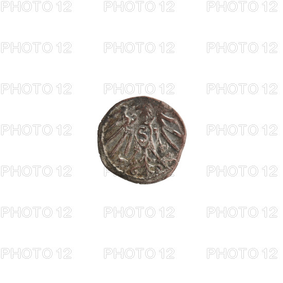 Denarius, 1529–1531, Königsberg, Ducal Prussia. Maker/publishers: Wille, Albrecht (fl. 1520-?); Decius, Jost Ludwik (fl. 1528–1535); Straub (Strawb), Heinrich, publisher. Rarity: R3. Obverse: in beaded border the letter A with the Hohenzollern coat of arms below; one rosette on both sides of and above the letter. Reverse: in a pearl border a Prussian eagle; on its chest a crowned shield with the letter S. Albrecht Hohenzollern (Prince of Prussia; 1490–1568). Coin; diameter 13.0 mm; weight 0.37 g; axis 330°.