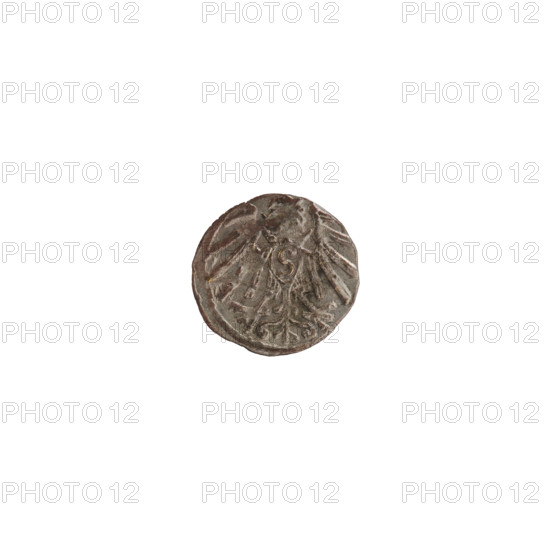 denarius, Straub (Strawb), Heinrich, publisher, Wille, Albrecht (fl. 1520-?), publisher, Decius, Jost Ludwik (fl. 1528-1535), R3 (rarity), eagles, Hohenzollern (coat of arms), rosettes, Albrecht Hohenzollern (Prince of Prussia; 1490-1568), Obv. In the beaded border the letter A, below which the heraldic shield of the Hohenzollerns. On both sides of the letter and above it one rosette. Rev. In a pearl border a Prussian eagle. On its chest a crowned shield with the letter S. 1529–1531, Königsberg, Ducal Prussia (1525–1701). Coin: diameter 12.5 mm, weight 0.38 g, axis 225°.