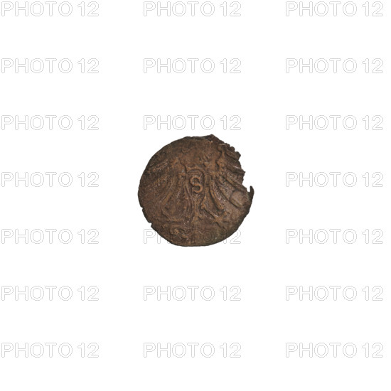 Denarius, Goebell, Hans, R4 (rarity); Obv. In the beaded border the letter A, beneath which the heraldic shield of the Hohenzollerns. In the field, on the sides of the letters, the numerals 6 - 3. Above the letter a rosette. Obv. Prussian eagle; on its chest a crowned shield with the letter S. 1563. Albrecht Hohenzollern (Prince of Prussia; 1490–1568). Ducal Prussia (1525–1701), Königsberg. Coin: diameter 12.3 mm, weight 0.29 g, axis 40°.