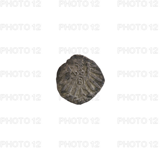 Denarius, Nimptsch (Nimsch). Obverse: Letter A with Hohenzollern coat of arms below; date numerals 5 - 8 on the sides of the letter; rosette above the letter. Reverse: Prussian eagle with a crowned shield bearing the letter S on its chest. Issued 1558, Ducal Prussia (1525–1701), Königsberg. Maker: Albrecht Hohenzollern (Prince of Prussia; 1490–1568). Details: Wolf, R5 (rarity); eagles; rosettes. Coin: diameter 12.7 mm, weight 0.35 g, axis 220°.