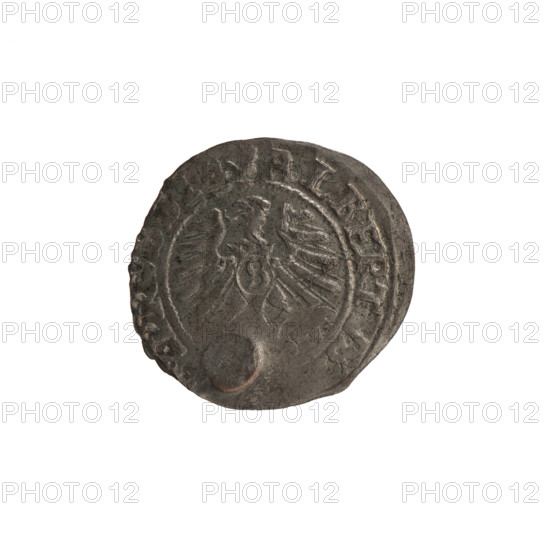 szelag with the countersignature of the City of Gdansk, 1577; Nimptsch (Nimsch), Wolf, publisher; eagles; rosettes; Albrecht Hohenzollern (Prince of Prussia; 1490–1568); Hohenzollern coat of arms; Gdansk (Pomeranian Voivodeship); obverse: Prussian eagle with crowned letter S on its chest; rim inscription beginning with a tower mint-master's mark; between the words one dot ALBERTVS, X PRVSSIE Rw; letter A with the Hohenzollern heraldic shield beneath, flanked by rosettes; reverse rim inscription beginning with a rosette; between the words one rosette SOLI, PRVSSIE I559 (1559); Ducal Prussia (1525–1701), Königsberg; coin; diameter 19.5–21.0 mm; weight 1.26 g; axis 60 degrees.