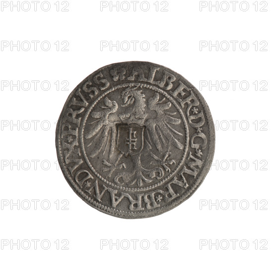 Groschen with countersignature of the City of Gdansk, 1577. Publisher: Jost Ludwik Decius (fl. 1528–1535), Gdansk. Rarity: R5. Obverse: Prussian eagle; on its breast a crowned letter S. Along the rim between pearly borders, an inscription beginning with a rosette: ALBER*D*G*MAR*BRAN*DVX*PRVSS with a countersignature stamped in place of the letter. Reverse: Male bust in armor, profile right, short hair, beard with sideburns; along the rim between pearly borders an inscription beginning with the Hohenzollern coat of arms shield; trefoils between the words: IVSTVS EX FIDE VIVIT. Date: 1535. Place: Ducal Prussia (1525–1701), Königsberg. Coin: diameter 23.1 mm, weight 2.07 g, axis 135°. Iconography: Albrecht Hohenzollern (Prince of Prussia; 1490–1568), Hohenzollern coat of arms, rosettes, eagles, male busts in armour.