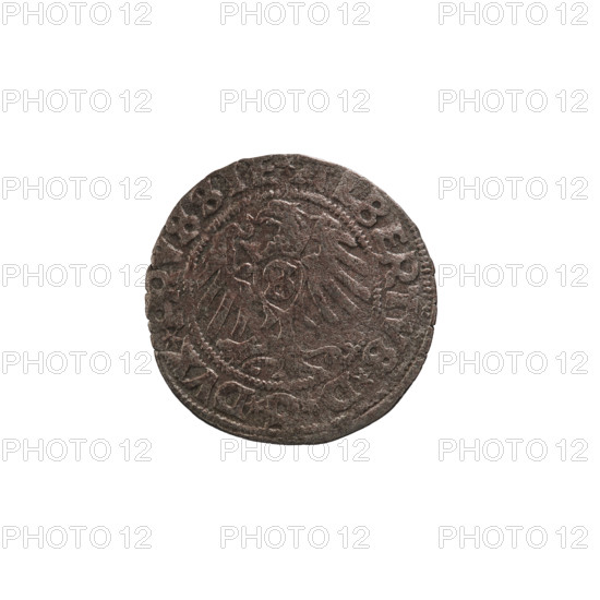 szelag; publisher: Straub (Strawb), Heinrich; publisher: Wille, Albrecht (fl. 1520-?); issuer: Decjusz, Jost Ludwik (fl. 1528-1535); R2 (rarity). Obverse: Prussian eagle, on its chest a crowned letter S; along rim between pearl borders inscription: *ALBERTVS*D*G*DVX*PRVSSIE; reverse: letter A beneath which the Hohenzollern coat of arms, with a six-pointed star on each side; along rim between pearl borders inscription: *SOLIDVS*PRVSSIE*I5Z9. Date: 1529. Issue: Ducal Prussia (1525–1701), Königsberg. Coin: diameter 20.2 mm, weight 1.16 g, axis 110°. Maker/subject: Albrecht Hohenzollern (Prince of Prussia; 1490–1568).