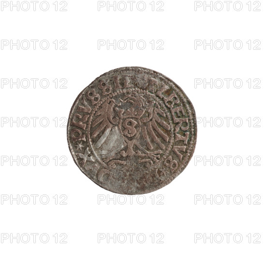 szelag; Straub (Strawb), Heinrich, publisher; Wille, Albrecht (fl. 1520-?), publisher; Decjusz, Jost Ludwik (fl. 1528-1535); R2 (rarity). Obverse: Prussian eagle, on its chest a crowned letter S. Along the rim, between the pearl borders, inscription: *ALBERTVS*D* *DVX*PRVSSIE*. Reverse: Letter A, beneath which the coat of arms of the Hohenzollern family; on both sides of the letter, one six-pointed star. Along the rim, between the pearl borders, inscription: *SOLIDVS*PRVSSIE*I5Z9*. Date: 1529. Region: Ducal Prussia (1525–1701), Königsberg. Denomination: coin (szelag). Measurements: diameter 20.1 mm; weight 1.29 g; axis 0°. Issuer: Albrecht Hohenzollern (Prince of Prussia; 1490–1568).