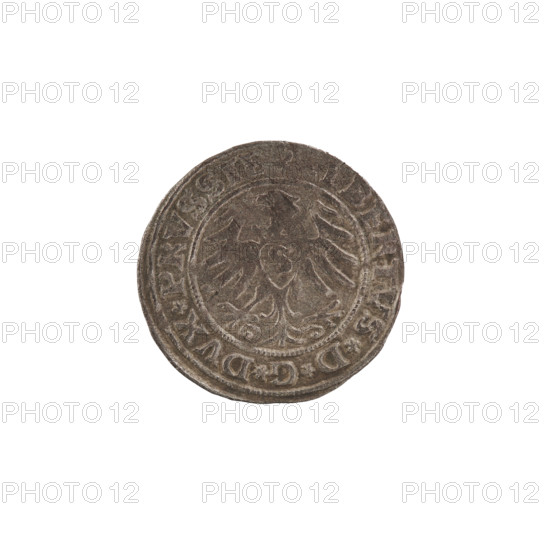 szelag; Straub (Strawb), Heinrich, publisher; Wille, Albrecht (fl. 1520-?), publisher; Decjusz, Jost Ludwik (fl. 1528-1535); R2 (rarity). Obverse: Prussian eagle; on its chest a crowned letter S; along the rim between pearl borders an inscription: ALBERTUS*D*G*DVX*PRVSSIE; right, letter A beneath which the Hohenzollern coat of arms; one rosette on both sides of the letter. Reverse: inscription along the rim between pearl borders: SOLIDVS PRVSSIE I530 (rosette at beginning and between words). Date: 1530. Region: Ducal Prussia (1525–1701), Königsberg. Coin: szelag; diameter 19.8 mm; weight 0.99 g; axis 225°.