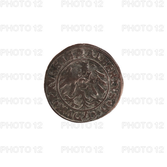 szelag; Straub (Strawb), Heinrich, publisher; Wille, Albrecht (fl. 1520-?), publisher; Decjusz, Jost Ludwik (fl. 1528-1535); R2 (rarity); eagles; Hohenzollern (coat of arms); Albrecht Hohenzollern (Prince of Prussia; 1490-1568). Obverse: Prussian eagle, on its chest the crowned letter S; on the rim between pearl borders an inscription beginning with a rosette: ALBERTVS*D*G*DVX*PRVSSIE, with letter A beneath which the Hohenzollern coat of arms; rosettes flanking the letter. Reverse: letter A; on the rim between pearl borders an inscription: SOLIDVS PRVSSIE I530 (rosettes at the beginning of the legend and between words). Date: 1530. Place: Ducal Prussia (1525–1701), Königsberg. Coin: diameter 19.4 mm, weight 1.14 g, axis 330°.