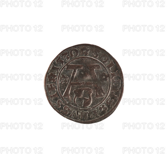 szelag; publisher: Straub (Strawb), Heinrich; publisher: Wille, Albrecht (fl. 1520-?); issuer: Decjusz, Jost Ludwik (fl. 1528-1535); R2 (rarity). Obverse: Prussian eagle with on its chest the crowned letter S; around rim between pearl borders an inscription beginning with a rosette: ALBERTVS*D*G*DVX*PRVSSIE; reverse: letter A beneath which the Hohenzollern coat of arms, flanked by rosettes; on rim between pearl borders an inscription with rosettes: SOLIDVS PRVSSIE 1530. Date: 1530. Region: Ducal Prussia (1525–1701), Königsberg. Coin, diameter 19.4 mm, weight 1.14 g, axis 330°.