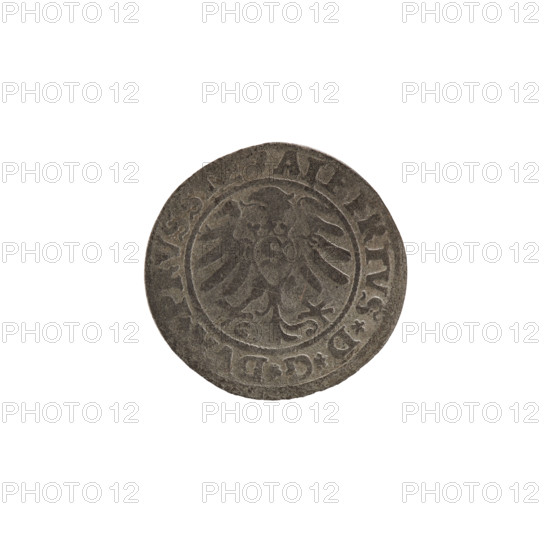szelag; Wille, Albrecht (fl. 1520-?), publisher; Decjusz, Jost Ludwik (fl. 1528-1535); Straub (Strawb), Heinrich, publisher; R2 (rarity). Obverse: Prussian eagle; on its chest a crowned letter S. On the rim, between the pearl borders, an inscription beginning with a rosette: ALBERTVS*D*G*DVX*PRVSSIE. Reverse: Letter A beneath which the heraldic shield of the Hohenzollern family; one rosette on both sides of the letter. On the rim, between the pearl borders, an inscription with rosettes: OLID, RVSSIE I530. Date: 1530. Issue: Ducal Prussia (1525–1701), Königsberg. Coin: szelag; diameter 19.4 mm; weight 0.92 g; axis 0°. Maker/attribution: Albrecht Hohenzollern (Prince of Prussia; 1490–1568).