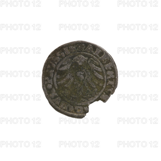 szelag; publisher: Straub (Strawb), Heinrich; publisher: Wille, Albrecht (fl. 1520-?); issuer: Decjusz, Jost Ludwik (fl. 1528-1535); R2 (rarity). Obverse: Prussian eagle, on its chest a crowned letter S; on the rim between pearl borders an inscription beginning with a rosette: ALBERTVS *G*DVX*PRVSSIE. Reverse: letter A beneath which the Hohenzollern coat of arms, flanked by rosettes; on the rim between pearl borders an inscription with rosettes: SOLIDVS PRVSSIE 1530. Albrecht Hohenzollern (Prince of Prussia; 1490–1568). Ducal Prussia (1525–1701), Königsberg. Coin: szelag, diameter 19.7 mm, weight 0.90 g, axis 315°.