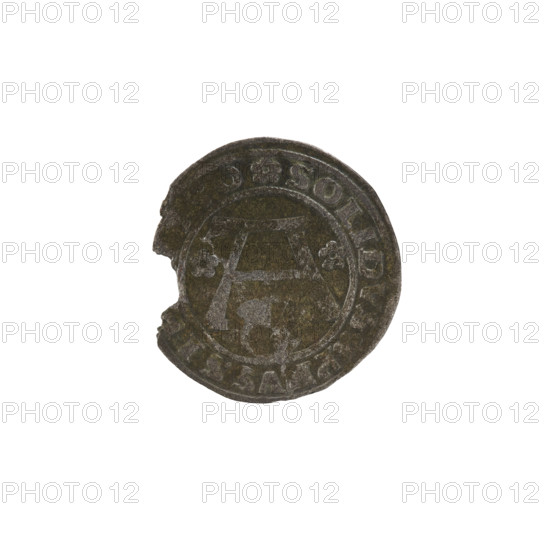 szelag; Straub (Strawb), Heinrich, publisher; Wille, Albrecht (fl. 1520-?), publisher; Decjusz, Jost Ludwik (fl. 1528-1535); R2 (rarity). Obverse: Prussian eagle, on its chest a crowned letter S; on the rim between pearl borders an inscription beginning with a rosette: ALBERTVS *G*DVX*PRVSSIE. Reverse: Letter A, beneath which the Hohenzollern coat of arms; on both sides of the letter one rosette; on the rim between pearl borders an inscription: SOLIDVS PRVSSIE, 1530 (rosettes between words). Date: 1530. Issued in Ducal Prussia (1525–1701), Königsberg. Coin: diameter 19.7 mm, weight 0.90 g, axis 315°. Albrecht Hohenzollern (Prince of Prussia; 1490–1568).