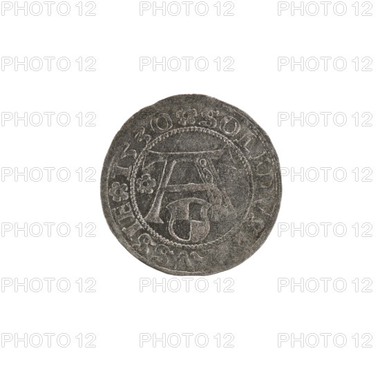 szelag; Straub (Strawb), Heinrich, publisher; Decjusz, Jost Ludwik (fl. 1528-1535); Wille, Albrecht (fl. 1520-?), publisher; Szymonski, Jan (1887-1954); eagles; rosettes; Hohenzollern (coat of arms); Albrecht Hohenzollern (Prince of Prussia; 1490-1568). Obverse: Prussian eagle with crowned letter S on its chest; on the rim between pearl borders an inscription beginning with a rosette: ALBER*D*G*DVX*PRVSSIE, and a letter A beneath which the Hohenzollern coat of arms, with a rosette on each side of the letter. Reverse: letter A with the coat of arms beneath; on the rim between pearl borders an inscription: SOLIDVS PRVSSIE I530 (rosettes at the beginning of the legend and between words). Date: 1530. Place: Ducal Prussia (1525–1701), Königsberg. Object: coin (szelag). Measurements: diameter 19.7 mm; weight 1.07 g; axis 270°.