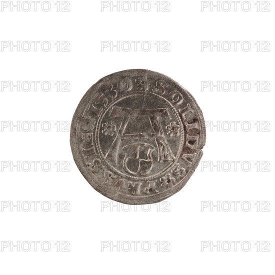 szelag; Wille, Albrecht (fl. 1520-?), publisher; Decjusz, Jost Ludwik (fl. 1528-1535); Straub (Strawb), Heinrich, publisher; R2 (rarity). Obverse: Prussian eagle with crowned letter S on its chest; along rim between pearl borders inscription beginning with a rosette: ALBERTVS*D*G*DVX*PRVSSIE; letter A beneath which the Hohenzollern coat of arms, rosettes on both sides of the letter. Reverse: Letter A with coat of arms of Hohenzollern on both sides; rim inscription between pearl borders: SOLIDVS PRVSSIE I530 (rosettes between words). Albrecht Hohenzollern (Prince of Prussia; 1490–1568). 1530; Ducal Prussia (1525–1701), Königsberg. Coin: szelag (solidus), diameter 20.2 mm, weight 1.25 g, axis 90°.