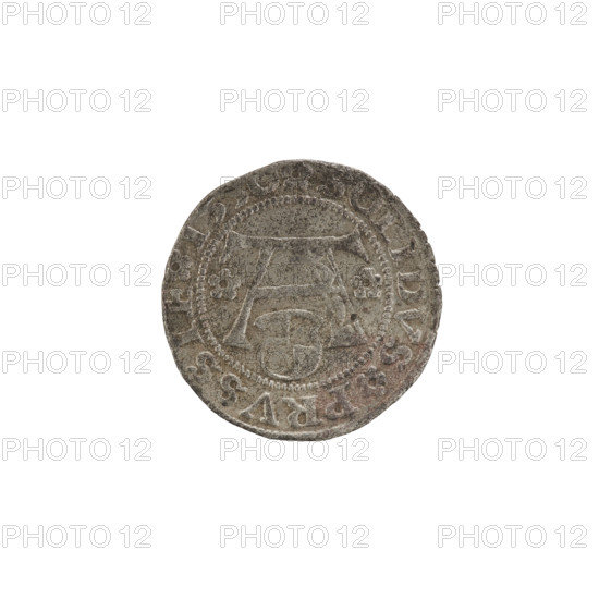 szelag, Wille, Albrecht (fl. 1520-?), publisher; Decjusz, Jost Ludwik (fl. 1528-1535); Straub (Strawb), Heinrich, publisher; R2 (rarity). Obverse: Prussian eagle, on its chest a crowned letter S; on the rim between pearl borders an inscription beginning with a rosette: ALBER*D*G*DVX, VSSIE; reverse: letter A beneath which the Hohenzollern coat of arms, with one rosette on each side of the letter; on the rim between pearl borders an inscription: SOLIDVS PRVSSIE I5, 0 (rosettes at start of legend and between words), 1530. Albrecht Hohenzollern (Prince of Prussia; 1490–1568). Ducal Prussia (1525–1701), Königsberg. Coin: diameter 19.2 mm, weight 1.12 g, axis 135°.