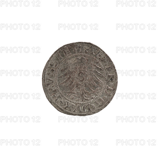 szelag; Straub (Strawb), Heinrich, publisher; Wille, Albrecht (fl. 1520-?), publisher; Decjusz, Jost Ludwik (fl. 1528-1535); R2 (rarity); eagles; Hohenzollern (coat of arms); rosettes; Albrecht Hohenzollern (Prince of Prussia; 1490-1568). Obverse: Prussian eagle with crowned letter S on its chest; on the rim between pearl borders an inscription beginning with a rosette: ALBER*D*G*DVX*PRVSSIE, and a letter A beneath which the Hohenzollern coat of arms, flanked by rosettes. Reverse: inscription on the rim between pearl borders: SOLIDVS PRVSSIE 1530 (rosettes at the beginning and between words). Date: 1530. Place: Ducal Prussia (1525–1701), Königsberg. Coin type: szelag; diameter 19.4 mm; weight 0.95 g; axis 0°.