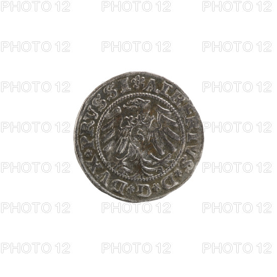 szelag; Straub (Strawb), Heinrich, publisher; Wille, Albrecht (fl. 1520-?), publisher; Decjusz, Jost Ludwik (fl. 1528-1535); Szymonski, Jan (1887-1954); eagles; rosettes; Hohenzollern (coat of arms); Albrecht Hohenzollern (prince of Prussia; 1490-1568). Obverse: Prussian eagle with the crowned letter S on its breast. On the rim, between pearly borders, an inscription beginning with a rosette: ALBERTVS*D*G*DVX*PRVSSI; reverse: letter A with the Hohenzollern coat of arms beneath, flanked by rosettes. On the rim, between pearly borders, inscription: SOLIDVS PRVSSIE I53I (rosettes at word breaks). Date: 1531. Place: Ducal Prussia (1525–1701), Königsberg. Type: coin (szelag). Diameter: 19.3 mm. Weight: 1.22 g. Axis: 0°.