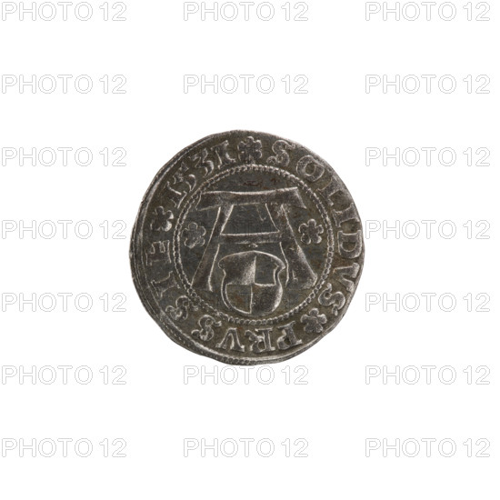 szelag; Straub (Strawb), Heinrich, publisher; Wille, Albrecht (fl. 1520-?), publisher; Decjusz, Jost Ludwik (fl. 1528-1535); Szymonski, Jan (1887-1954). Eagles, rosettes, Hohenzollern (coat of arms), Albrecht Hohenzollern (prince of Prussia; 1490-1568). Obverse: Prussian eagle with crowned letter S on its breast; on the rim between pearly borders an inscription beginning with a rosette: ALBERTVS*D*G*DVX*PRVSSI and on the reverse a letter A beneath which the Hohenzollern coat of arms; on both sides of the letter one rosette. Reverse inscription between pearly borders: SOLIDVS PRVSSIE I53I (rosettes at beginning and between words). Date: 1531. Place: Ducal Prussia (1525–1701), Königsberg. Coin: szelag; diameter 19.3 mm; weight 1.22 g; axis 0°.