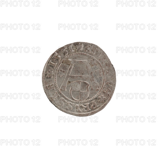szelag, Decjusz, Jost Ludwik (fl. 1528-1535), Wille, Albrecht (fl. 1520-?), publisher, Straub (Strawb), Heinrich, publisher, eagles, rosettes, Hohenzollern (coat of arms), Albrecht Hohenzollern (prince of Prussia; 1490-1568), Aw. Prussian eagle, on its chest the crowned letter S. On the rim, between the pearly borders, an inscription beginning with a rosette: ALBERTVS*D*G*DVX*, Rw. Letter A, beneath which the coat of arms of the Hohenzollerns. On both sides of the letter, one rosette. On the rim, between the pearly borders, an inscription: S•O•S PRVSSIE I53I (at the beginning of the legend and between the words - rosette), 1531, Ducal Prussia (1525-1701), Königsberg, coin: diameter 19.2 mm, weight 1.05 g, axis 0°.