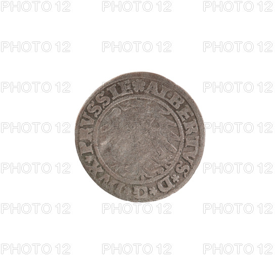 szelag; publisher: Straub (Strawb), Heinrich; publisher: Wille, Albrecht (fl. 1520-?); issuer: Decjusz, Jost Ludwik (fl. 1528-1535); subject: eagles, Hohenzollern (coat of arms), rosettes; ruler: Albrecht Hohenzollern (Prince of Prussia; 1490–1568). Obverse: Prussian eagle. On the rim between pearl borders an inscription beginning with a rosette ALBERTVS*D*G*DVX*PRVSSIE; reverse: letter A with heraldic shield of the Hohenzollern family beneath, flanked by rosettes; on the rim between pearl borders the inscription SOLIDVS PRVSSIE I53I (rosettes at word breaks). Date: 1531. Place: Ducal Prussia (1525–1701), Königsberg. Coin: diameter 19.2 mm, weight 0.82 g, axis 290°.
