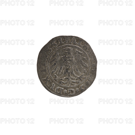 szelag; Wille, Albrecht (fl. 1520-?), publisher; Straub (Strawb), Heinrich, publisher; Decjusz, Jost Ludwik (fl. 1528-1535); eagles; Hohenzollern (coat of arms); rosettes; Albrecht Hohenzollern (Prince of Prussia; 1490–1568). Obverse: Prussian eagle, on its chest a crowned letter S; on the rim between pearly borders an inscription beginning with a rosette: ALB *D*G*DVX, with letter A under which the heraldic shield of the Hohenzollerns; one rosette on both sides of the letter. Reverse: on the rim between pearly borders an inscription: SOLIDVS PRVE I53I (rosettes between words). Date: 1531. Place: Ducal Prussia (1525–1701), Königsberg. Coin type: szelag. Diameter 18.8 mm; weight 1.18 g; axis 210°.