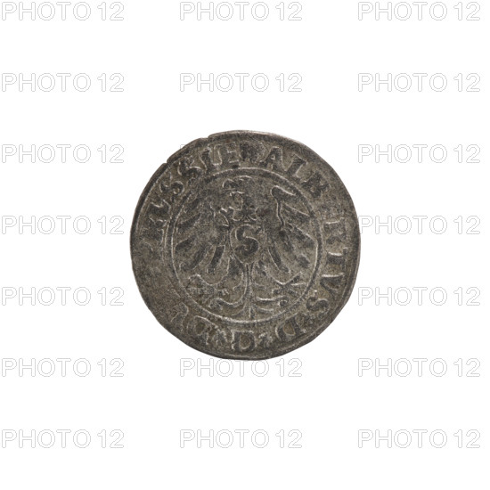 szelag; Wille, Albrecht (fl. 1520-?), publisher; Straub (Strawb), Heinrich, publisher; Decjusz, Jost Ludwik (fl. 1528-1535); eagles; rosettes; Hohenzollern (coat of arms); Albrecht Hohenzollern (prince of Prussia; 1490-1568); obverse: Prussian eagle with on its chest a crowned letter S; on the rim between pearl borders an inscription beginning with a rosette: ALBERTVS*D*G*DV, RVSSIE and a letter A under which the Hohenzollern coat of arms, flanked by rosettes; reverse rim between pearl borders inscription: SOLIDVS PRV I53I (rosettes at start of legend and between words); 1531; Ducal Prussia (1525–1701), Königsberg; coin; diameter 19.3 mm; weight 1.15 g; axis 225°.