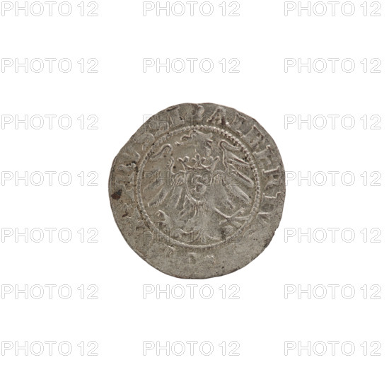 szelag; Straub (Strawb), Heinrich, publisher; Wille, Albrecht (fl. 1520-?), publisher; Decjusz, Jost Ludwik (fl. 1528-1535); eagles; rosettes; Hohenzollern (coat of arms); Albrecht Hohenzollern (Prince of Prussia; 1490–1568). Obverse: Prussian eagle, on its chest a crowned letter S. On the rim between the pearl borders an inscription beginning with a rosette: ALBERTV *G DVX* PRVSSI. Reverse: letter A under which the Hohenzollern coat of arms; on both sides of the letter one rosette; on the rim between the pearl borders the inscription with rosettes: OLID S PRVSSIE I53I. Date: 1531. Place: Ducal Prussia (1525–1701), Königsberg. Coin: diameter 18.8 mm, weight 1.10 g, axis 30°.