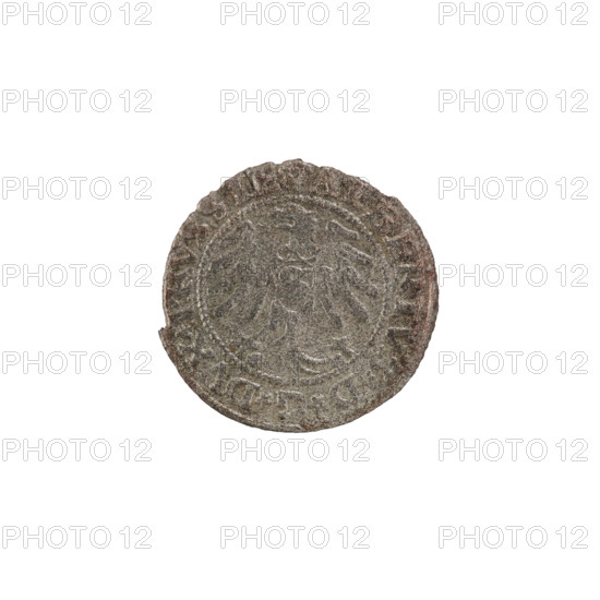 szelag; Straub (Strawb), Heinrich, publisher; Wille, Albrecht (fl. 1520-?), publisher; Decjusz, Jost Ludwik (fl. 1528-1535); eagles; Hohenzollern (coat of arms); rosettes; Albrecht Hohenzollern (Prince of Prussia; 1490–1568). Obverse: Prussian eagle with a crowned letter S on its breast; on the rim between pearl borders an inscription beginning with a rosette: ALBERTVS*D*G*DVX*PRVSSIE, with letter A beneath which the Hohenzollern coat of arms; rosettes on both sides of the letter. Reverse: Letter A with the rim inscription between pearl borders: SOLIDVS PRVSSIE I53I (rosettes at word breaks). Date: 1531. Place: Ducal Prussia, Königsberg. Coin: szelag; diameter 19.3 mm; weight 0.89 g; axis 350°.