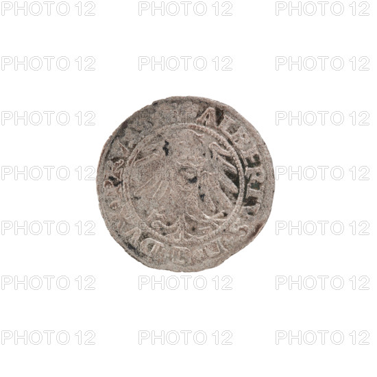 szelag; Wille, Albrecht (fl. 1520-?), publisher; Straub (Strawb), Heinrich, publisher; Decjusz, Jost Ludwik (fl. 1528-1535); eagles; rosettes; Hohenzollern (coat of arms); Albrecht Hohenzollern (prince of Prussia; 1490-1568). Obverse: Prussian eagle with on its chest a crowned letter S. On the rim, between pearly borders, inscription beginning with a rosette: ALBERTVS*D*G*DVX*PRVSSIE; reverse: letter A beneath the heraldic shield of the Hohenzollerns, with one rosette on each side; on the rim, between pearly borders, inscription: SO,DVS PRVSSIE I53I (rosettes at the beginning and between words). Date: 1531. Place: Ducal Prussia (1525–1701), Königsberg. Coin: szelag; diameter 19.5 mm; weight 0.95 g; axis 330°.