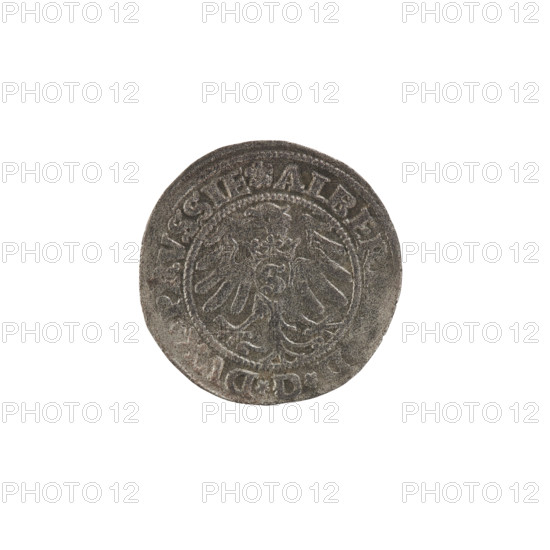 szelag; Wille, Albrecht (fl. 1520-?), publisher; Straub (Strawb), Heinrich, publisher; Decjusz, Jost Ludwik (fl. 1528-1535); eagles; rosettes; Hohenzollern (coat of arms); Albrecht Hohenzollern (prince of Prussia; 1490–1568). Av.: Prussian eagle, on its chest a crowned letter S. On the rim, between the pearl borders, an inscription beginning with a rosette: ALBER, D*G*DVX*PRVSSIE. Rv.: Letter A, under which the heraldic shield of the Hohenzollerns; on both sides of the letter, one rosette. On the rim, between the pearl borders, an inscription: SOLIDVS PRVS I53I (rosettes between words). 1531. Ducal Prussia (1525–1701), Königsberg. Coin: diameter 19.8 mm; weight 1.20 g; axis 0°.