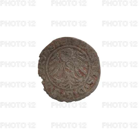 szelag; Wille, Albrecht (fl. 1520-?), publisher; Straub (Strawb), Heinrich, publisher; Decjusz, Jost Ludwik (fl. 1528-1535); eagles; Hohenzollern (coat of arms); rosettes; Albrecht Hohenzollern (Prince of Prussia; 1490–1568). Obv.: Outline of a Prussian eagle. On the rim, between the pearly borders, the inscription VS*D*G* DVX*PRVSSIE. Rev.: Letter A, under which the heraldic shield of the Hohenzollern family; one rosette on each side of the letter. On the rim, between the pearl borders, the inscription DVS PRVSSIE I53. Date: 1531. Place: Ducal Prussia (1525–1701), Königsberg. Object: coin (szelag). Diameter: 19.1 mm. Weight: 0.94 g. Axis: 270°.