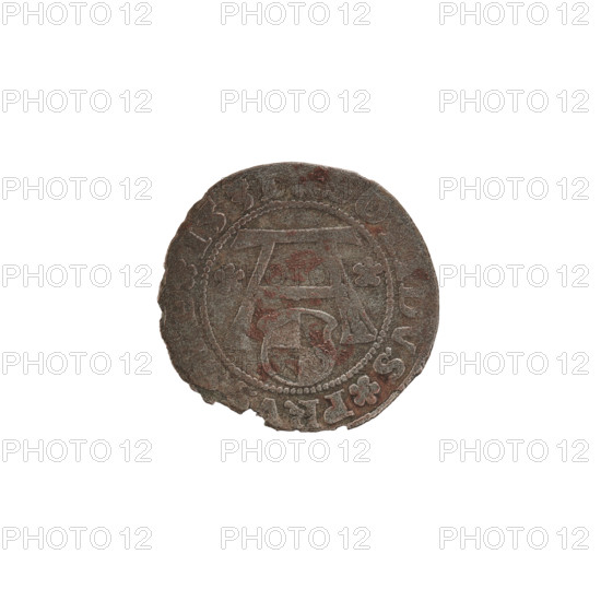 szelag; Wille, Albrecht (fl. 1520-?), publisher; Straub (Strawb), Heinrich, publisher; Decjusz, Jost Ludwik (fl. 1528-1535); eagles; Hohenzollern (coat of arms); rosettes; Albrecht Hohenzollern (Prince of Prussia; 1490-1568). Obverse: outline of a Prussian eagle. On the rim, between the pearly borders, inscription 'VS*D*G* DVX*PRVSSIE'. Reverse: letter A, under which the heraldic shield of the Hohenzollern family; one rosette on each side of the letter; on the rim, between the pearl borders, inscription 'DVS PRVSSIE I53'. Date: 1531. Place: Ducal Prussia (1525–1701), Königsberg. Object: coin (szelag). Diameter: 19.1 mm. Weight: 0.94 g. Axis: 270°.