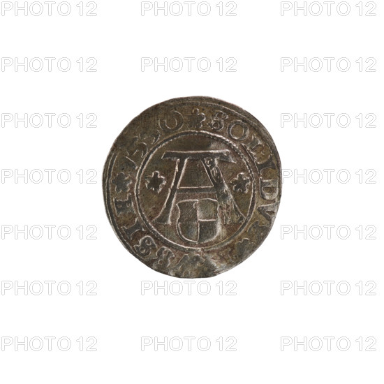 szelag, Nimptsch (Nimsch), Hans, R (rarity), eagles, Hohenzollern (coat of arms), rosettes, Albrecht Hohenzollern (Prince of Prussia; 1490–1568). Obverse: Prussian eagle with crowned letter S on its chest. In the rim between the pearl borders an inscription beginning with a trefoil: ALB, VS*D*G*DV, PRVSSIE. Reverse: Letter A with the heraldic shield of the Hohenzollerns beneath; a rosette on each side of the letter. On the rim between the pearl borders the inscription: SOLIDV, SSIE I55O (rosettes between words). 1550. Ducal Prussia (1525–1701), Königsberg. Coin: diameter 19.5 mm, weight 1.09 g, axis 315°.